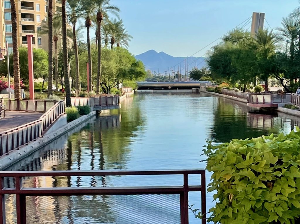 The Arizona Canal at the center of the Scottsdale Waterfront is a great way to spend a beautiful day in Scottsdale.