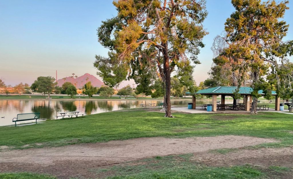 Picnic area along Chaparral Lake, part of the Scottsdale Greenbelt