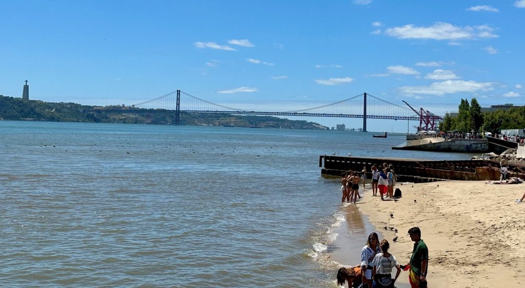 Tagus River with 25th of April Bridge in Lisbon